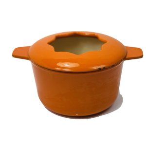 Heavy Orange Enameled Cast Iron Covered Fondue Po